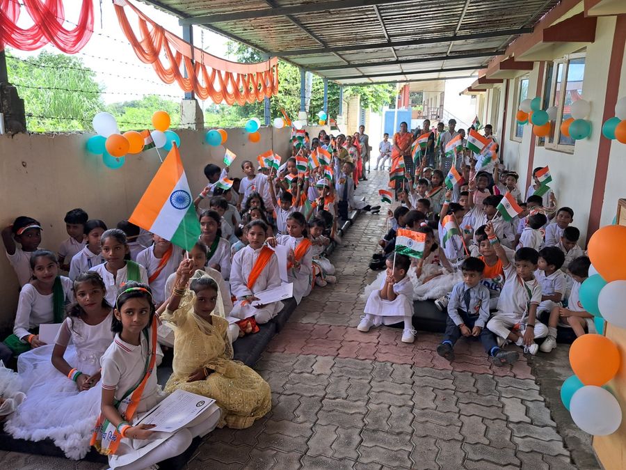 Students waving the tricolour
